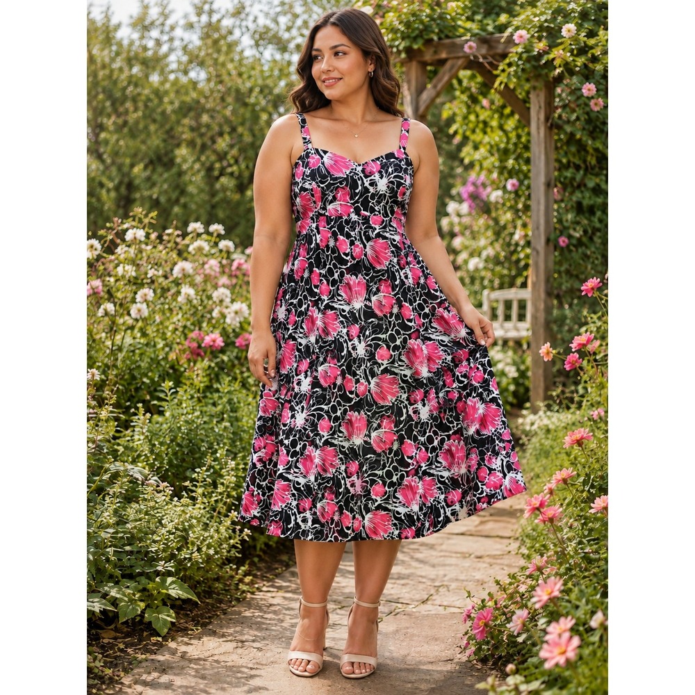 404.Dressbarn Pink Black Floral Fit Flare Dress Tulle Hem Size 22 Cute Feminine - Picture 1 of 5